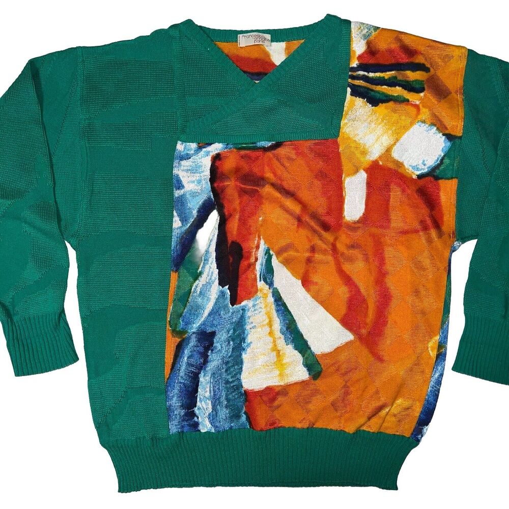 Vintage Francesco Smalto Paris Pullover Knit Sweater Made In Italy Green Orange